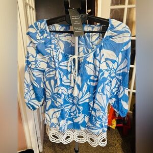 Unique Spectrum Blue and White Floral Peasant Blouse with Crochet Hem